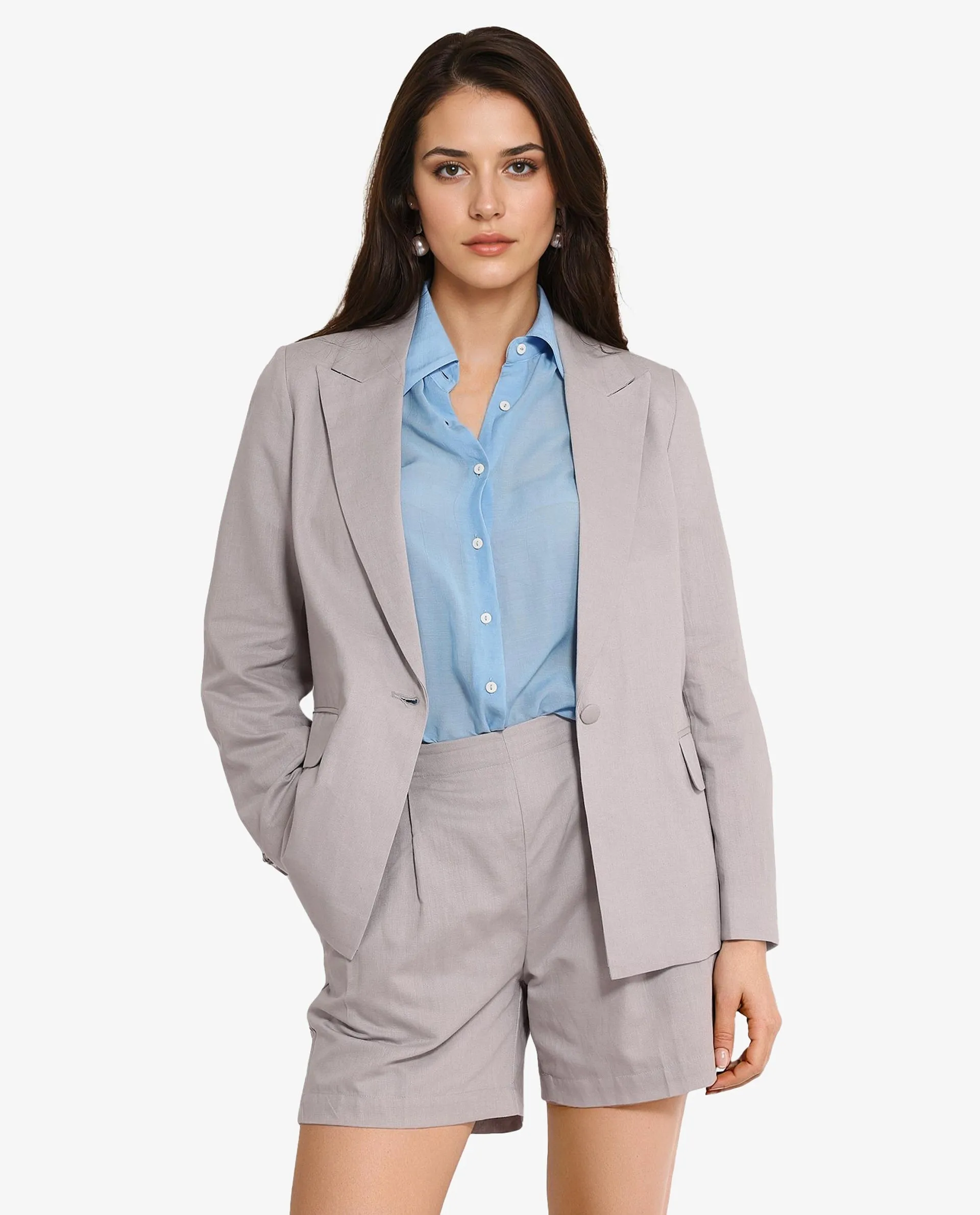 Rareism Women Laika Grey Full Sleeve Lapel Neck Button Plain Blazer