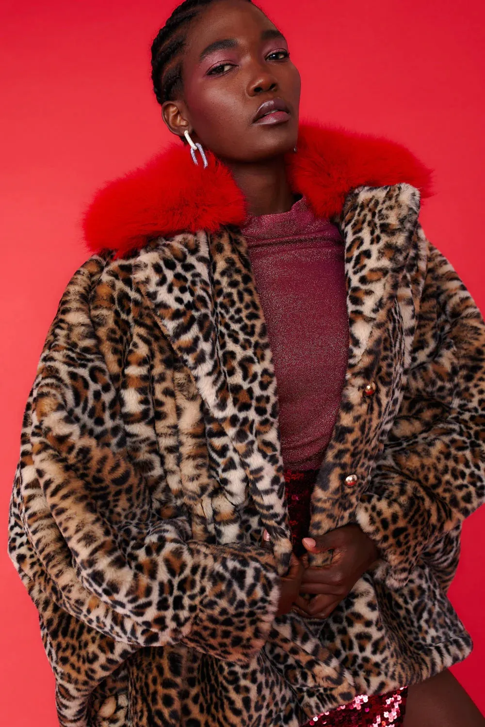 Red Faux Fur Leopard Print Swing Coat