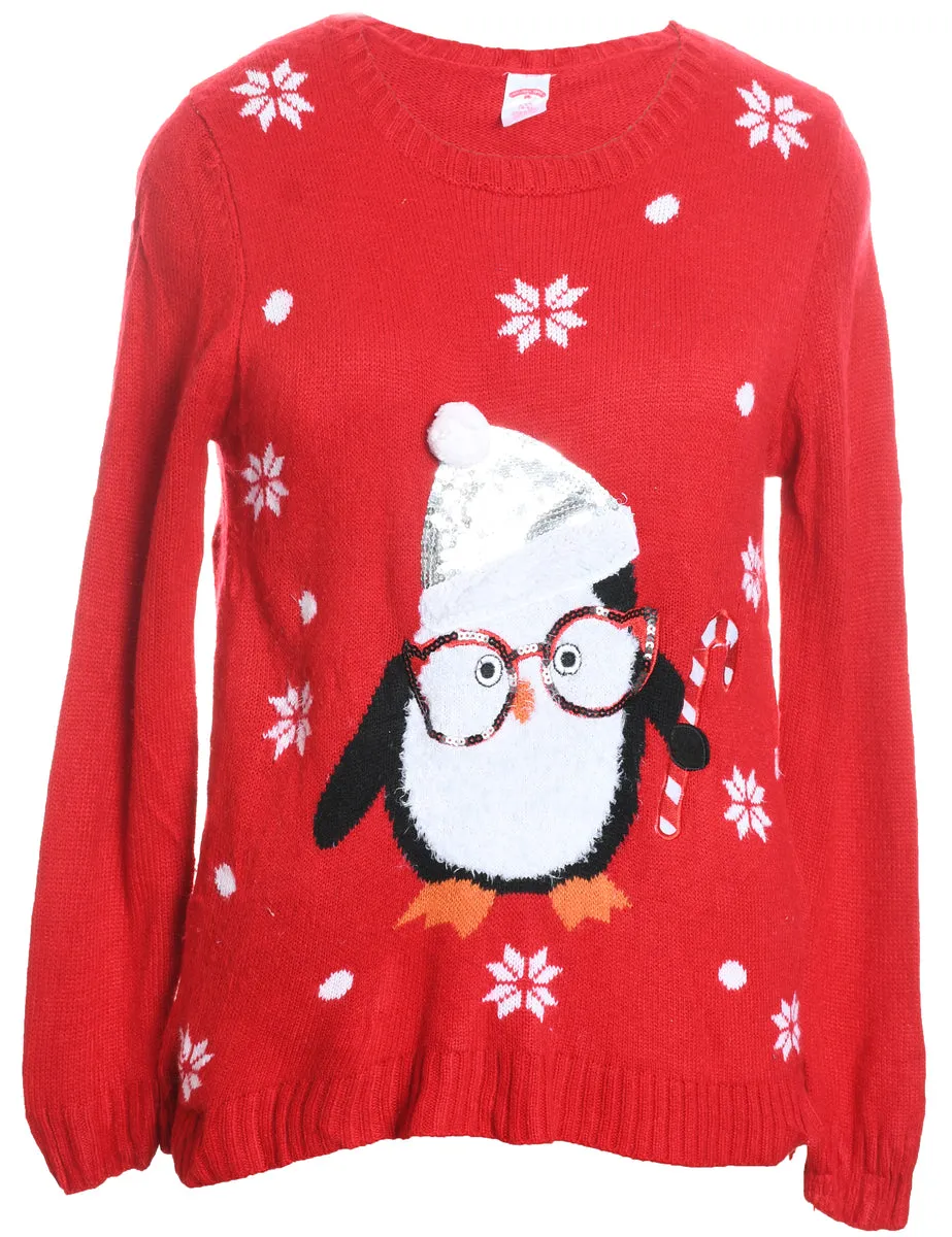 Red Knit Penguin Christmas Jumper - S