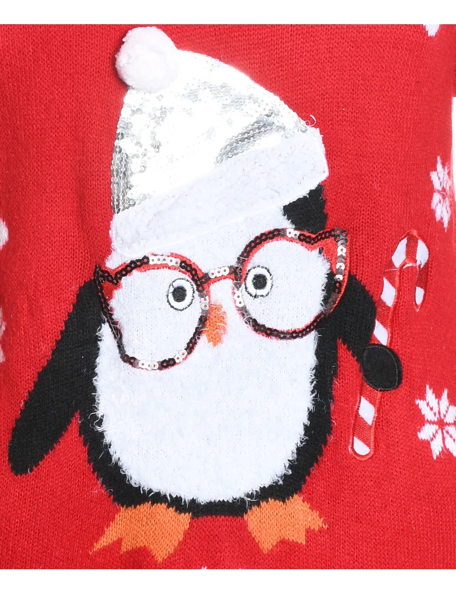 Red Knit Penguin Christmas Jumper - S