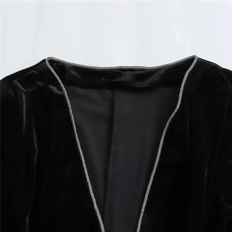 Rhinestone Black Velvet Long Sleeve Vintage Bodysuit