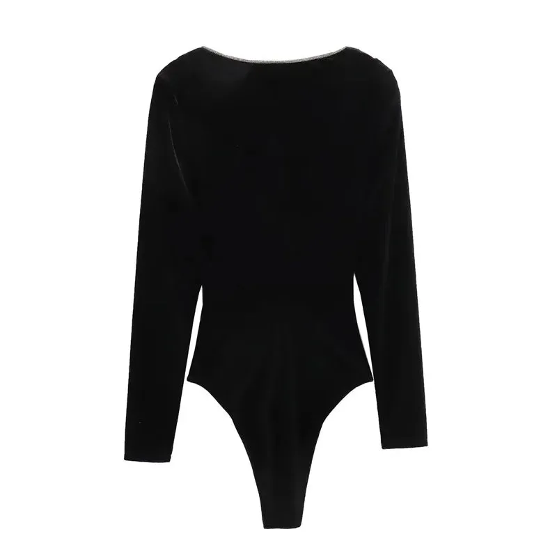 Rhinestone Black Velvet Long Sleeve Vintage Bodysuit