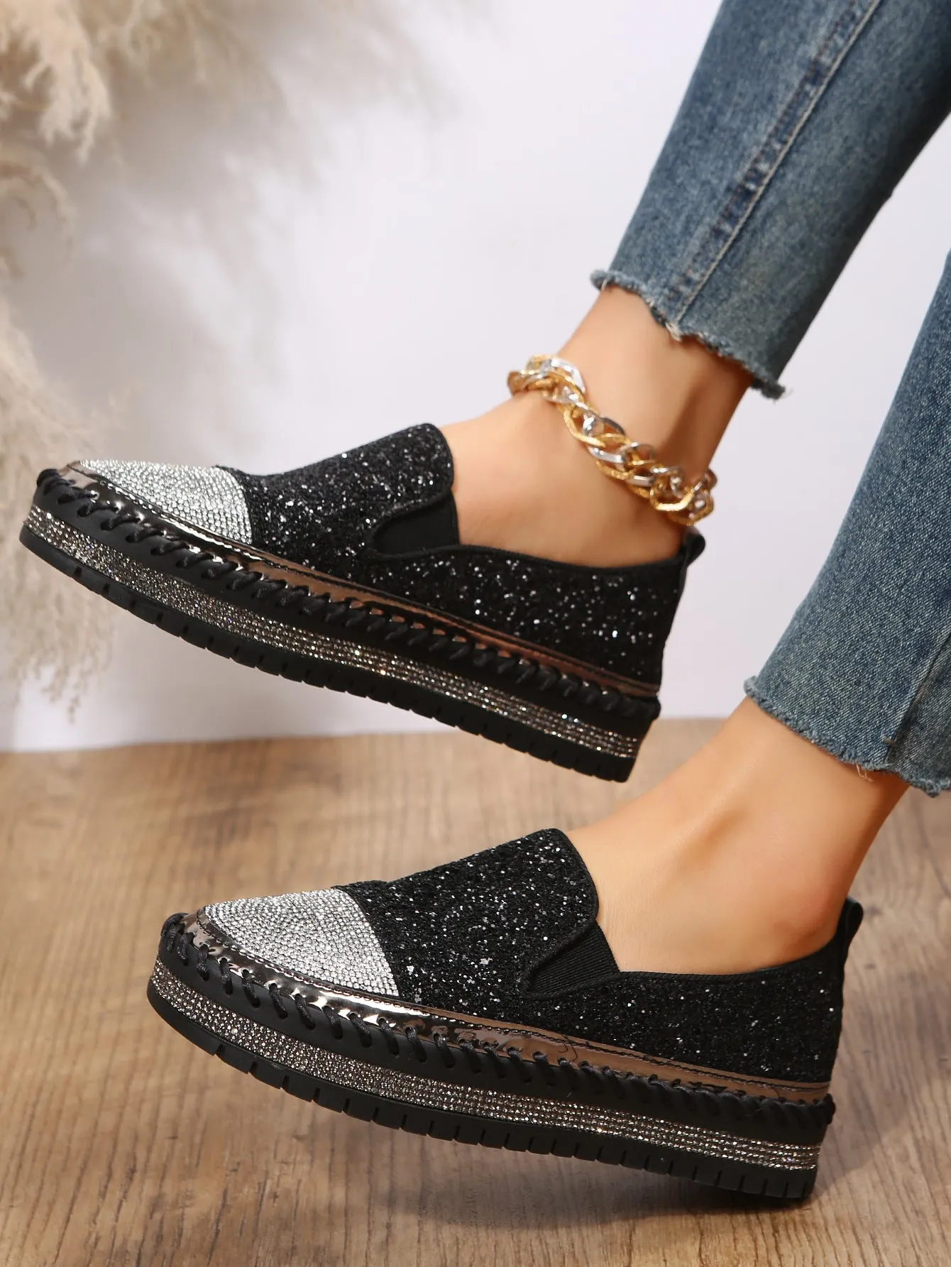 Rhinestone slip on platform sneakers