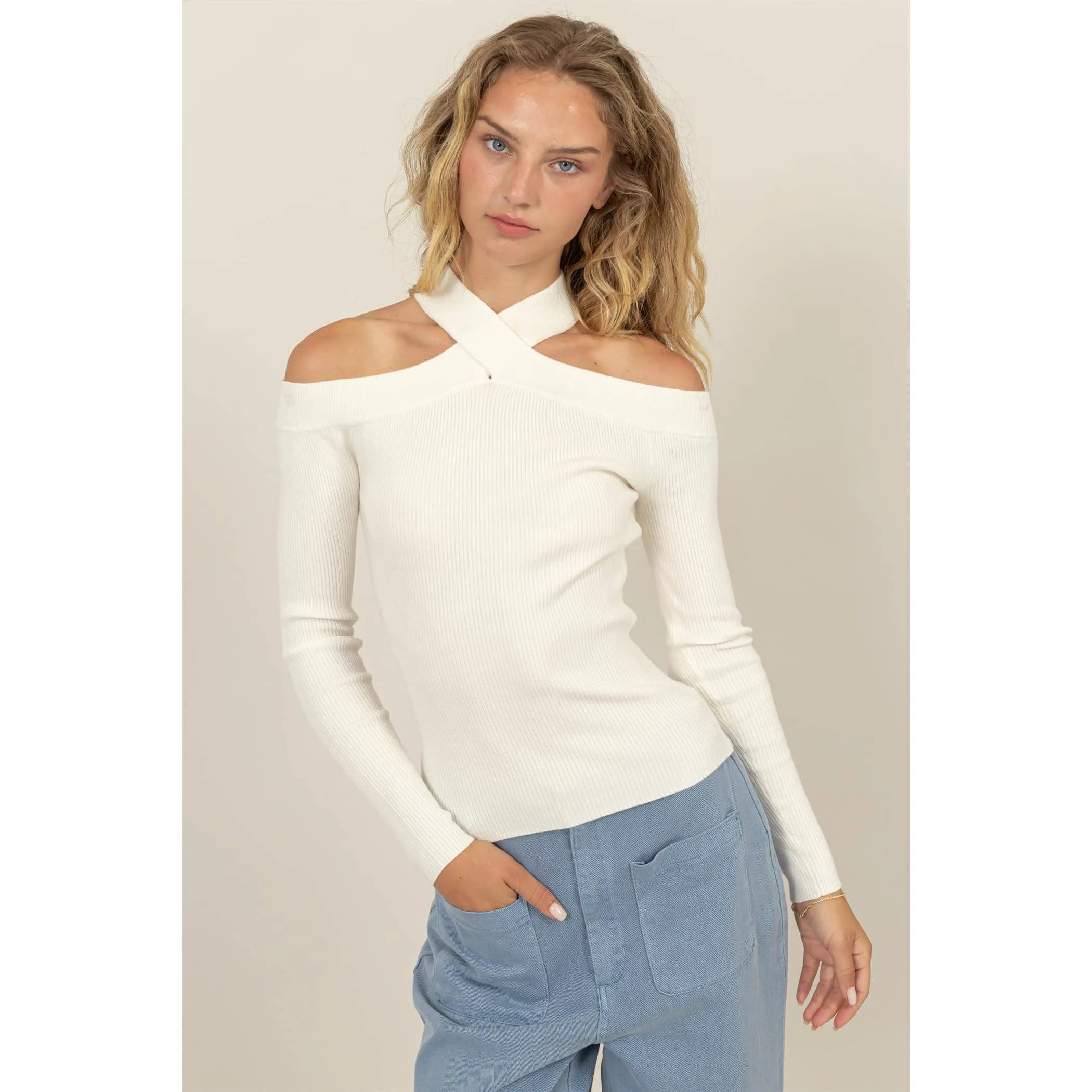 Ribbed Knit Halter Off the Shoulder Sweater