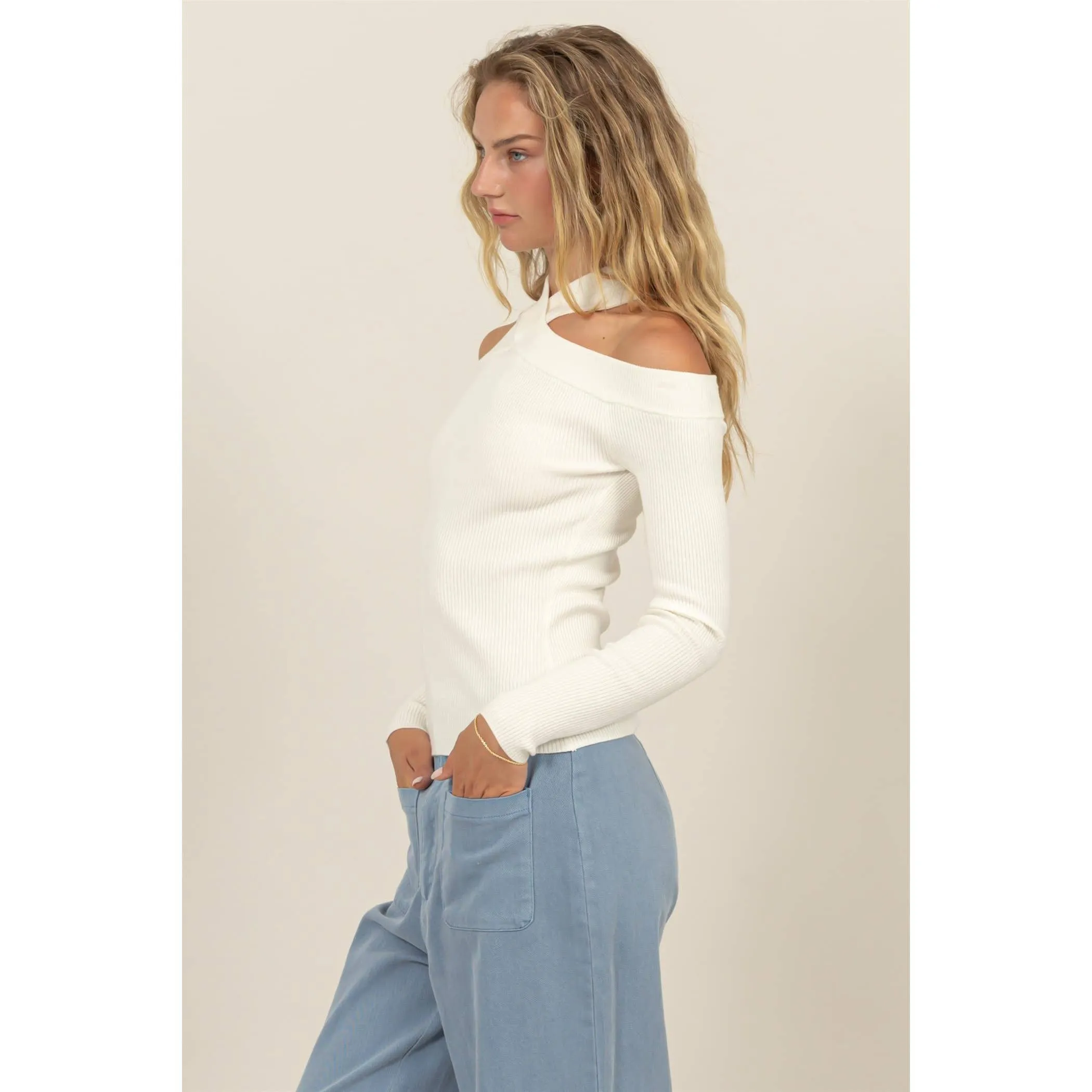 Ribbed Knit Halter Off the Shoulder Sweater