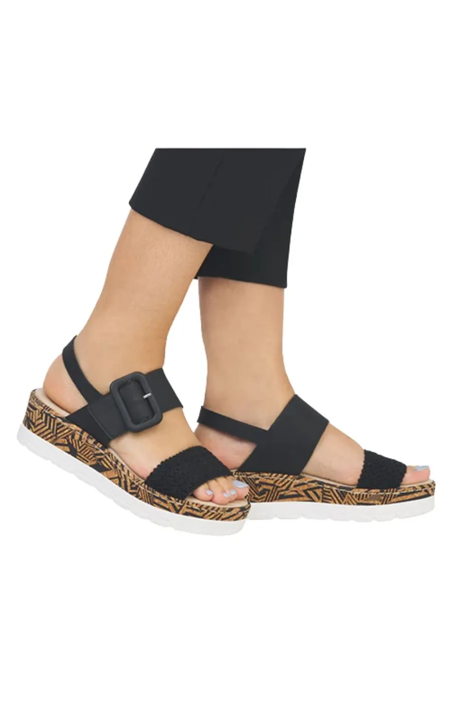 Rieker Black Buckled Wedge Sandal