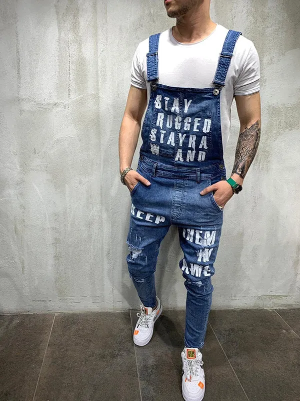 Ripped Lettered Denim Trousers Jumpsuit