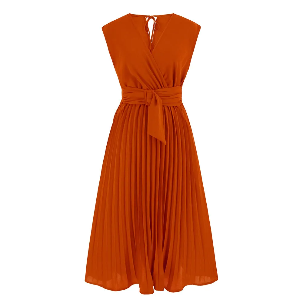 Sash Adorned Pleated Wrap Sleeveless Dress