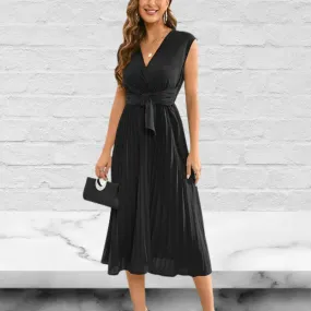 Sash Adorned Pleated Wrap Sleeveless Dress