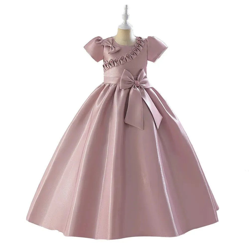 Satin Pearls Flower Girl Elegant Beaded Applique Sleeveless Fluffy Princess Gown First Communion Pageant Kids Evening Birthday Prom Dresses With Bow 403