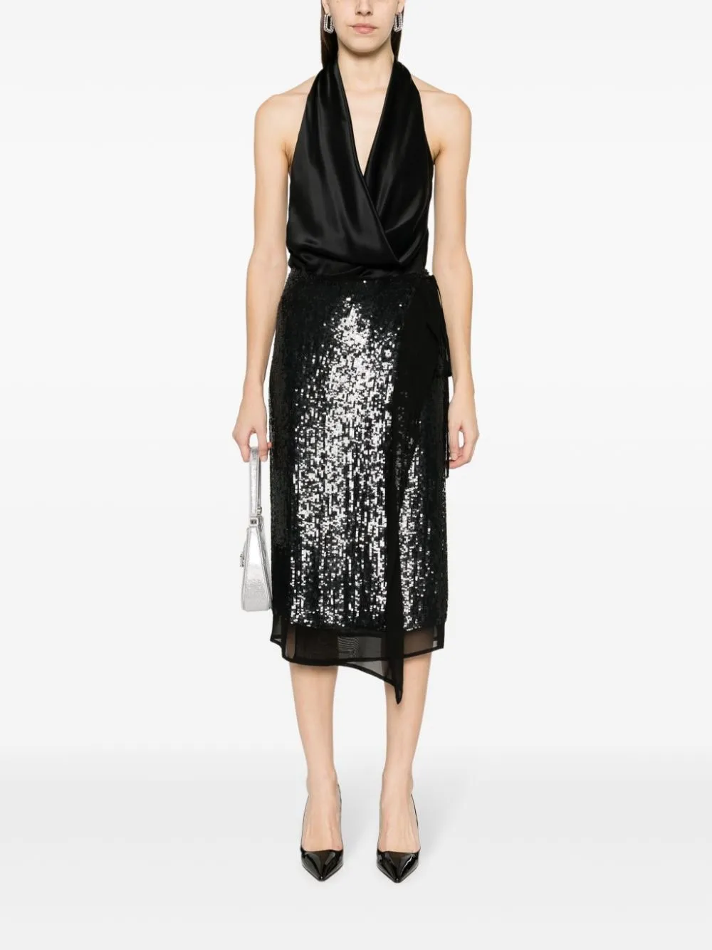 sequinned wrap midi skirt