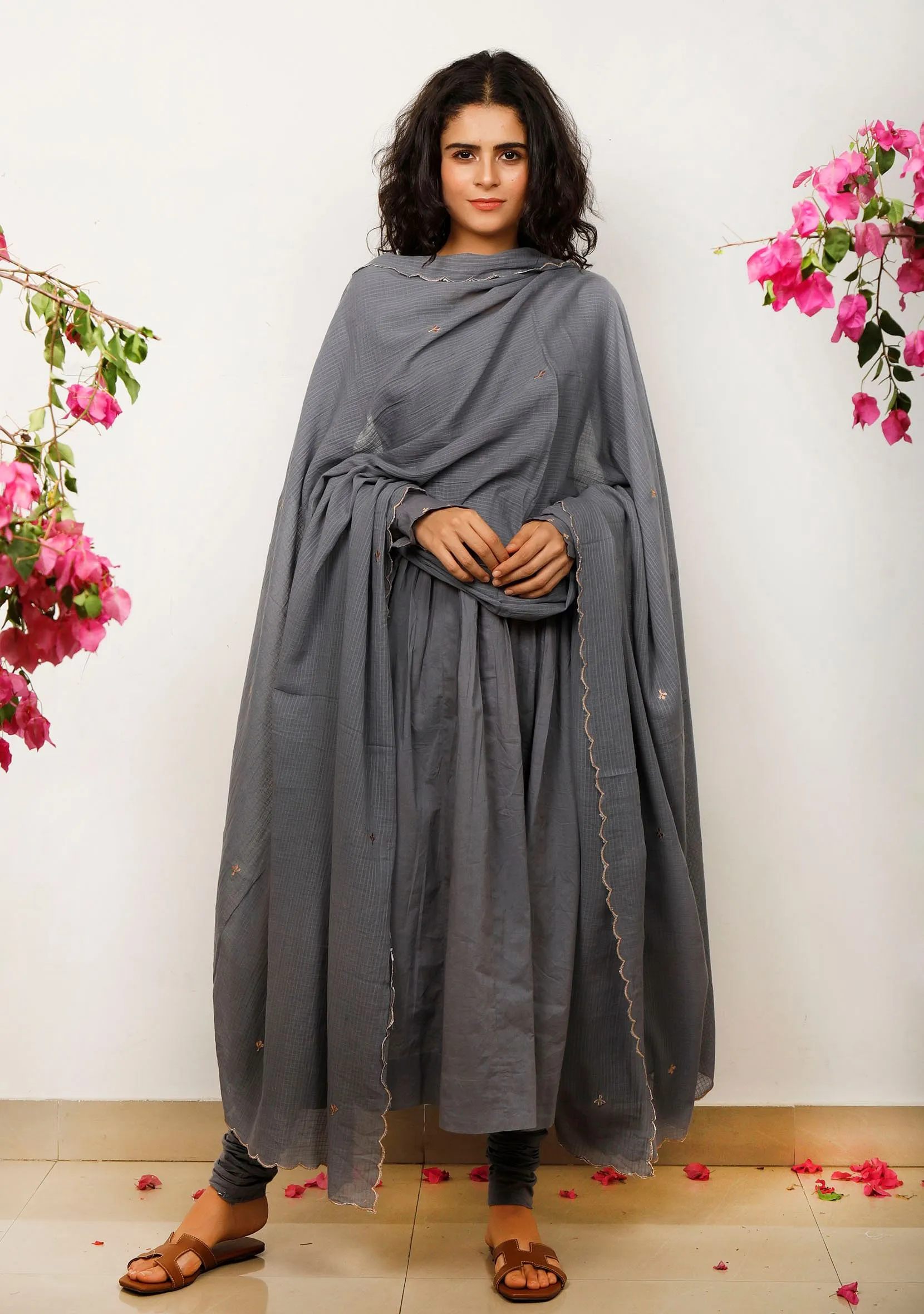 Set of 3: Grey Gathered Cotton plain Kurta with Kota Dupatta and Grey plain Cotton Churidar