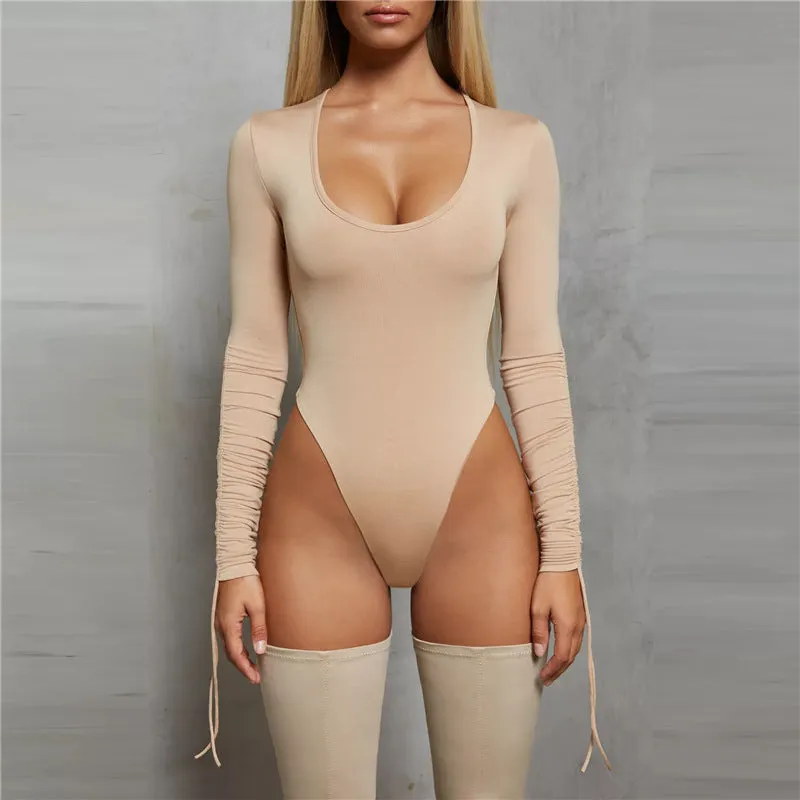 Sexy Solid Color Long Sleeve Scoop Neck Bodysuit -