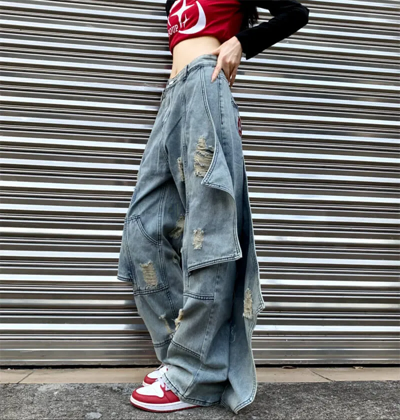 Side Asymmetric Flared Grunge Underground Ripped Jeans