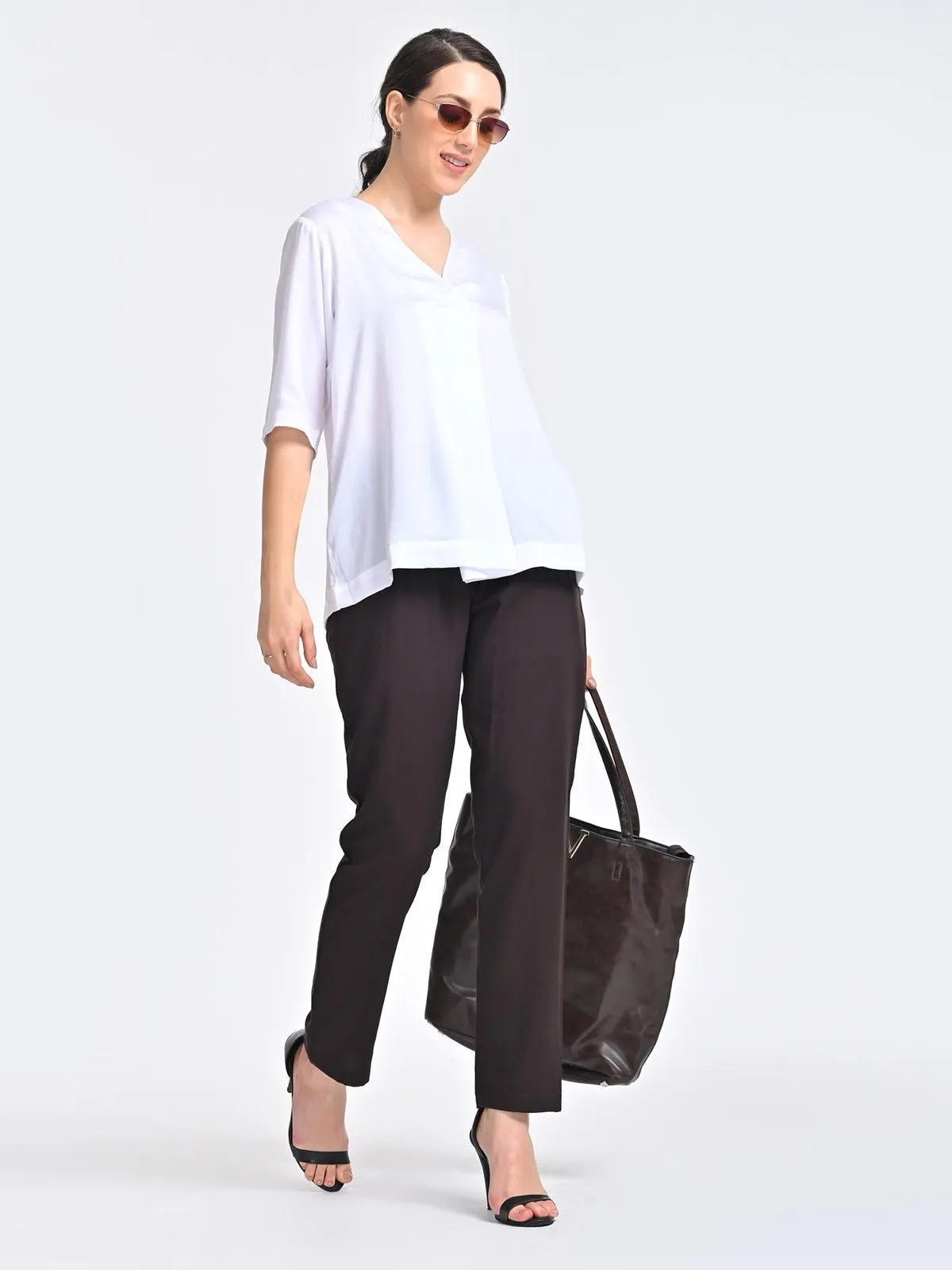 Solid Cream Front Pleat Top with Brown Trousers Coords Set