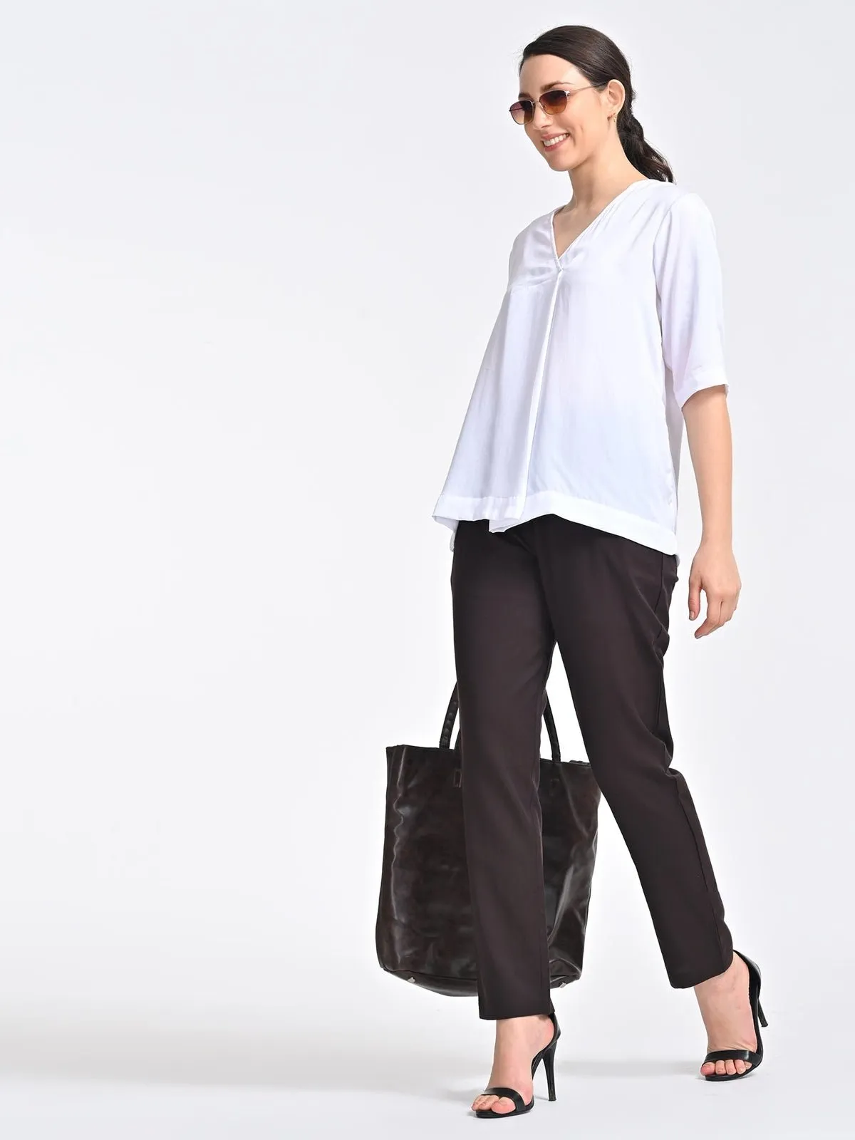 Solid Cream Front Pleat Top with Brown Trousers Coords Set