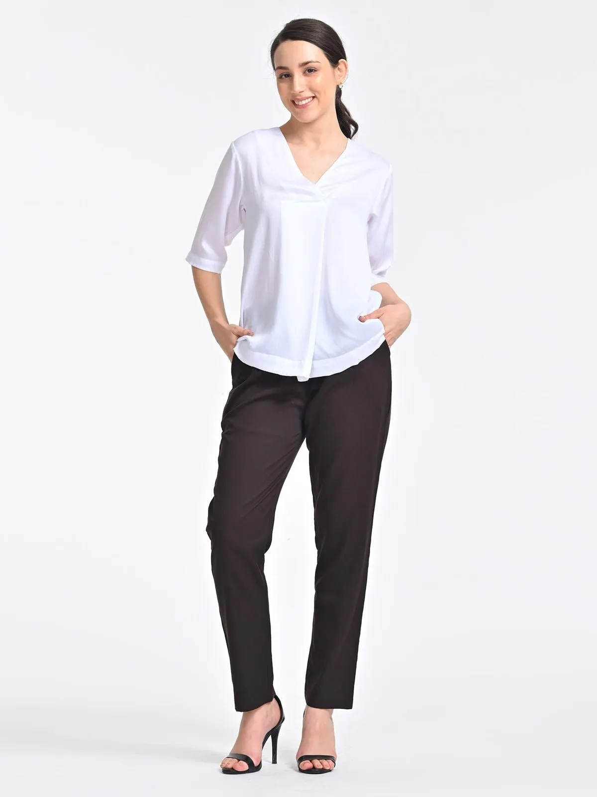 Solid Cream Front Pleat Top with Brown Trousers Coords Set