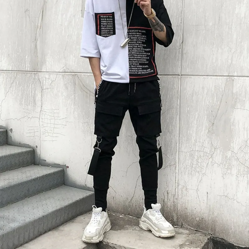 Streetwear Pencil Pants Men Jogger Elastic Waist Ribbon Hip Hop Haran Pants Multi Pocket Black Trousers Male DG55