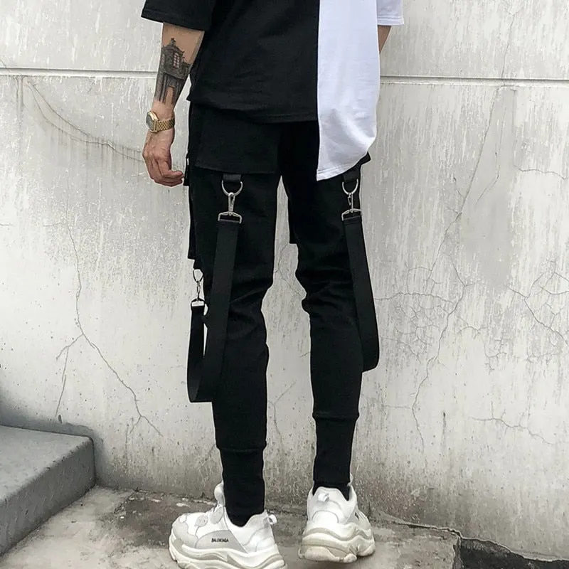 Streetwear Pencil Pants Men Jogger Elastic Waist Ribbon Hip Hop Haran Pants Multi Pocket Black Trousers Male DG55