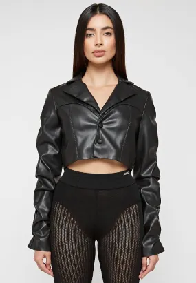 Tacked Leather Cropped Jacket - Black