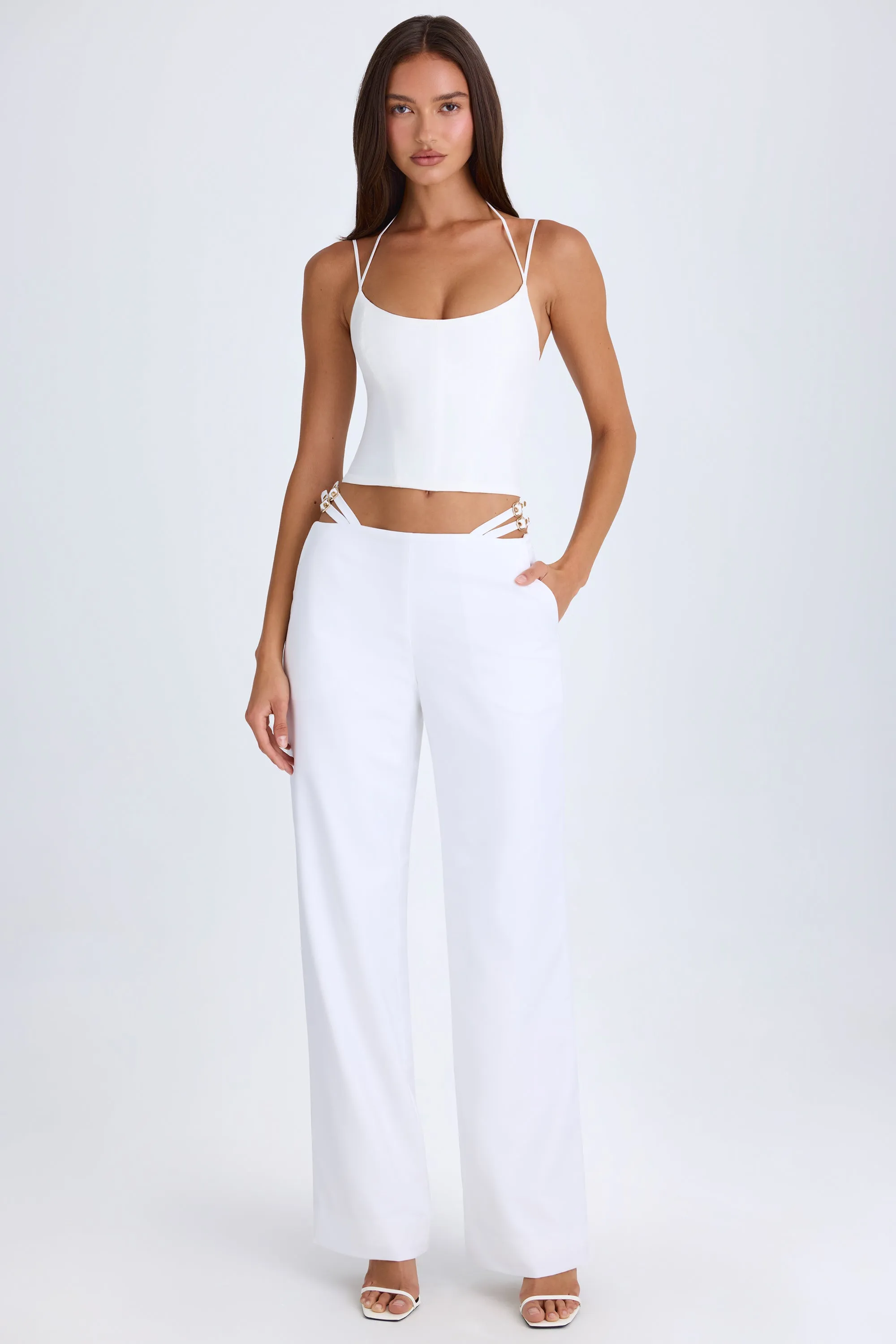 Tall Belted Cut-Out Wide-Leg Trousers in White