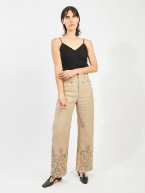 Tan Embroidered Trumpet Flower Murphy Trouser