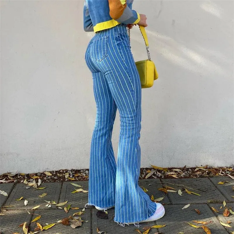 TAVIMART  -  Women Stretch Flare Hips Wrap Jeans Lady Vintage Y2K Punk Blue High Waist Denim Pants Lady Streetwear Striped Plaid Trousers