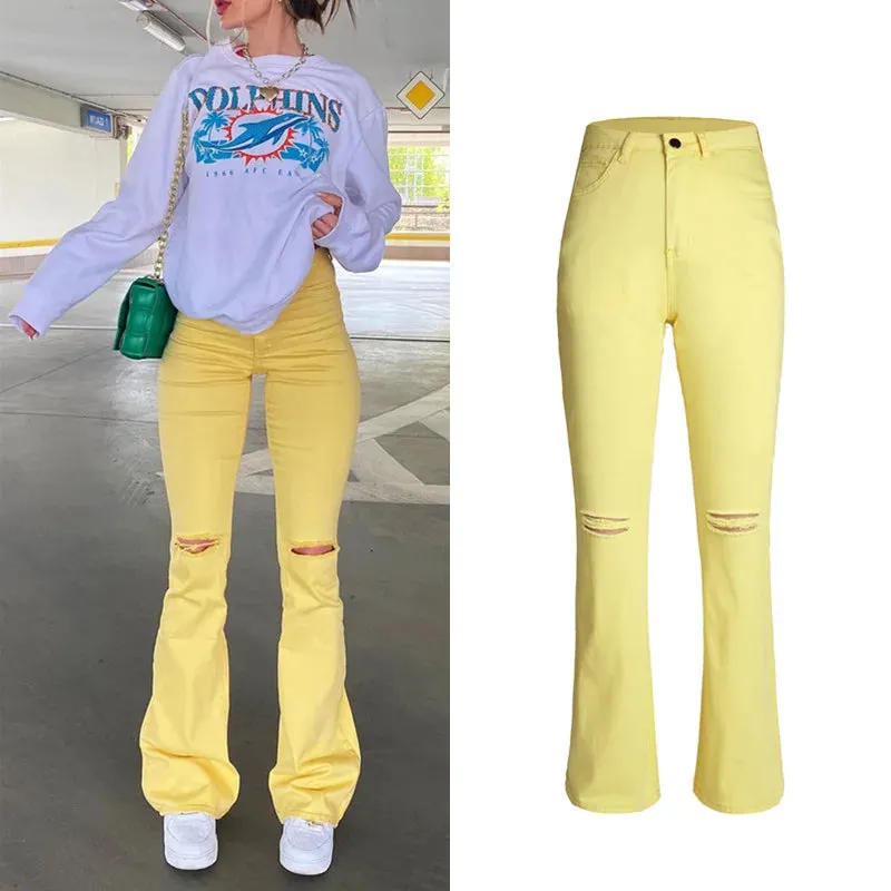 TAVIMART  -  Yellow Ripped Women Flare Jeans Lady Stretch Vintage High Waist Denim Pants Lady Y2K Punk Streetwear Slim Bell Bottom Trousers