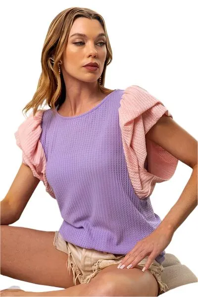 TEEK - Lilac Pink Waffle-Knit Ruffled Sleeve Blouse