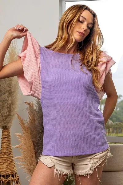 TEEK - Lilac Pink Waffle-Knit Ruffled Sleeve Blouse