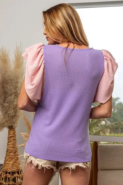 TEEK - Lilac Pink Waffle-Knit Ruffled Sleeve Blouse