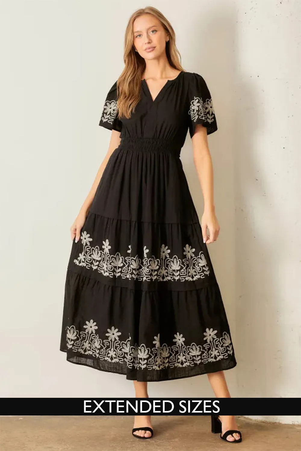 The Gracelyn Embroidered Maxi Dress in Black