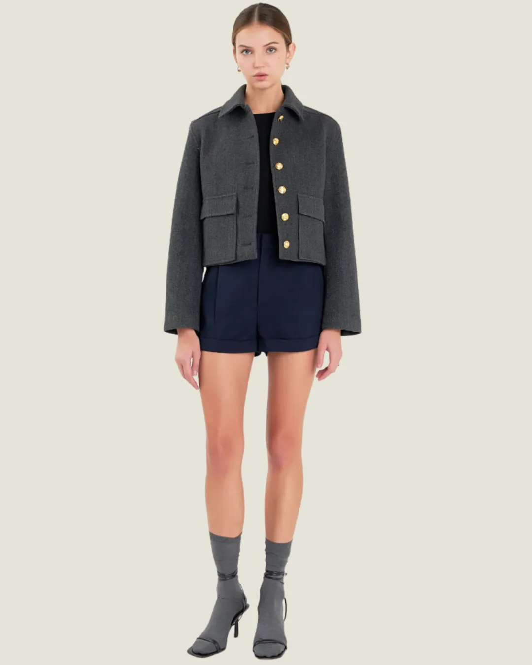 The NY Minute: Charcoal Gold Button Cropped Jacket