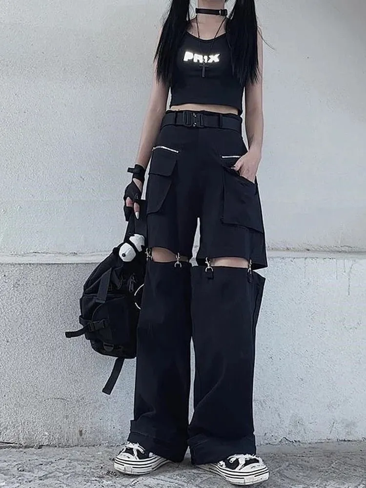 Toleet Techwear Gothic Black Cargo Pants Women Streetwear Hollow Out Punk Wide Leg Oversize Pockets Trousers For Female Hip Hop