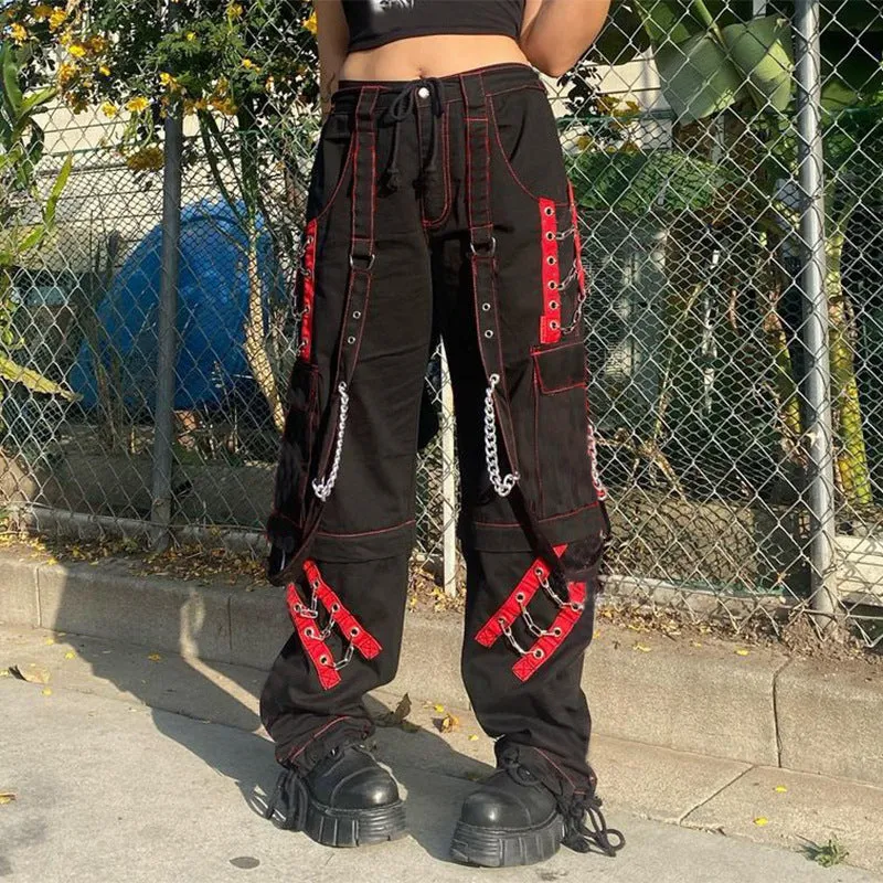 Uniwim grunge outfits Retro Dark Style Cool Chic Ribbon Eyelet Chain Casual Pants Contrast Color Striped Mesh Stitching Wide Leg Pants