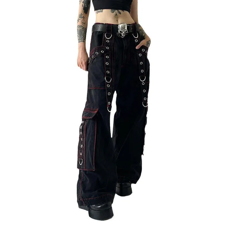 Uniwim grunge outfits Retro Dark Style Cool Chic Ribbon Eyelet Chain Casual Pants Contrast Color Striped Mesh Stitching Wide Leg Pants