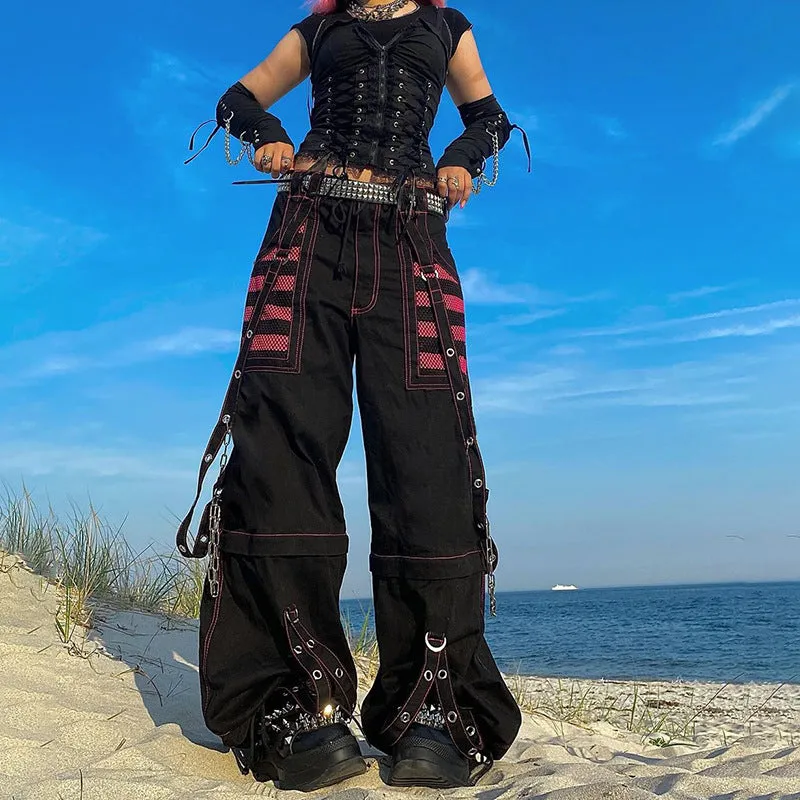 Uniwim grunge outfits Retro Dark Style Cool Chic Ribbon Eyelet Chain Casual Pants Contrast Color Striped Mesh Stitching Wide Leg Pants