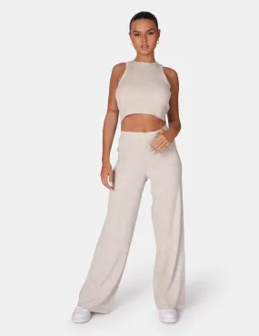 V Front Low Waisted Wide Leg Knitted Trousers Oatmeal