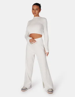 V Front Wide Leg Ribbed Knitted Trousers White