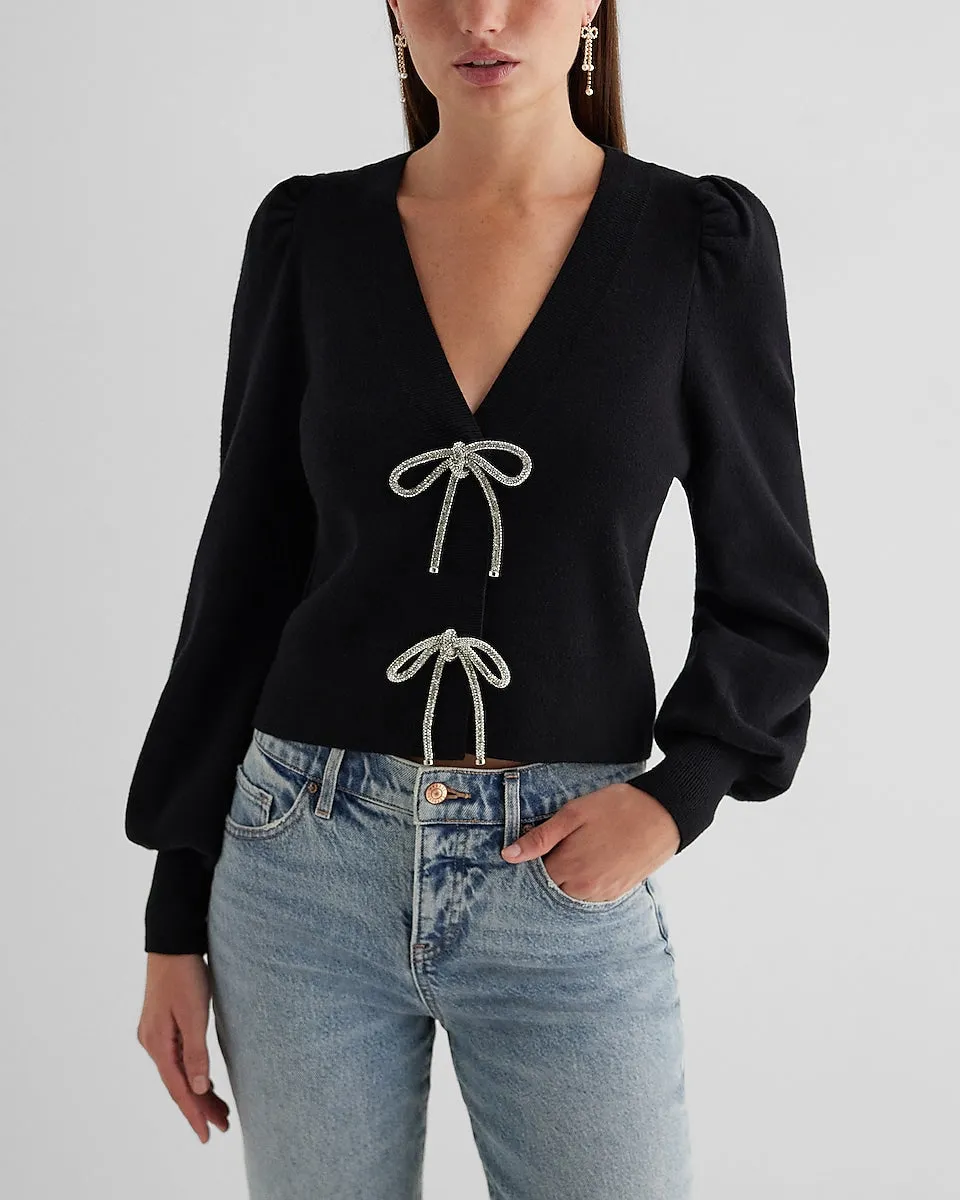 V-Neck Embellished Bow Cardigan in Pitch Black