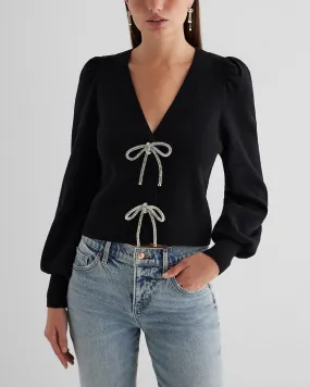 V-Neck Embellished Bow Cardigan in Pitch Black