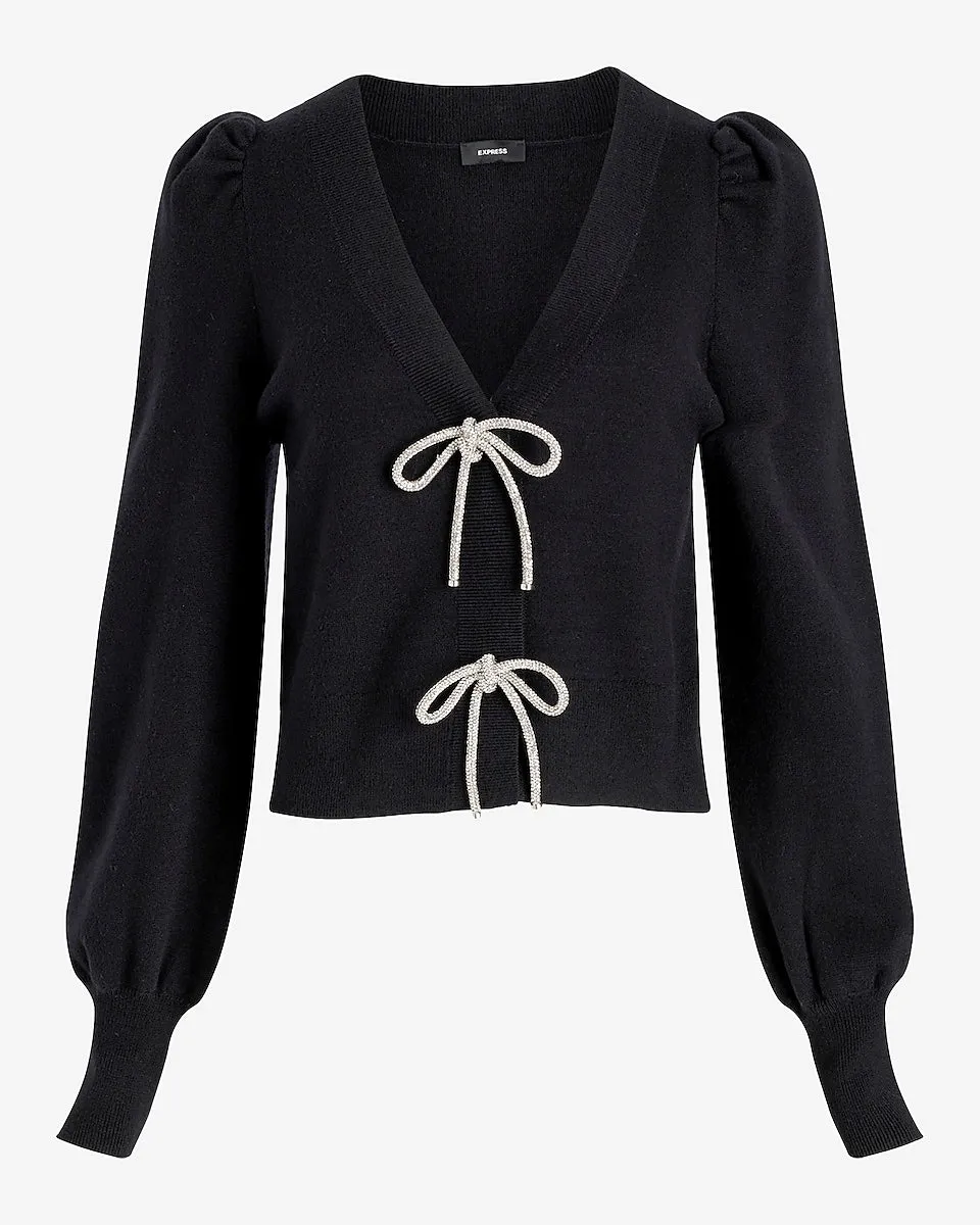 V-Neck Embellished Bow Cardigan in Pitch Black