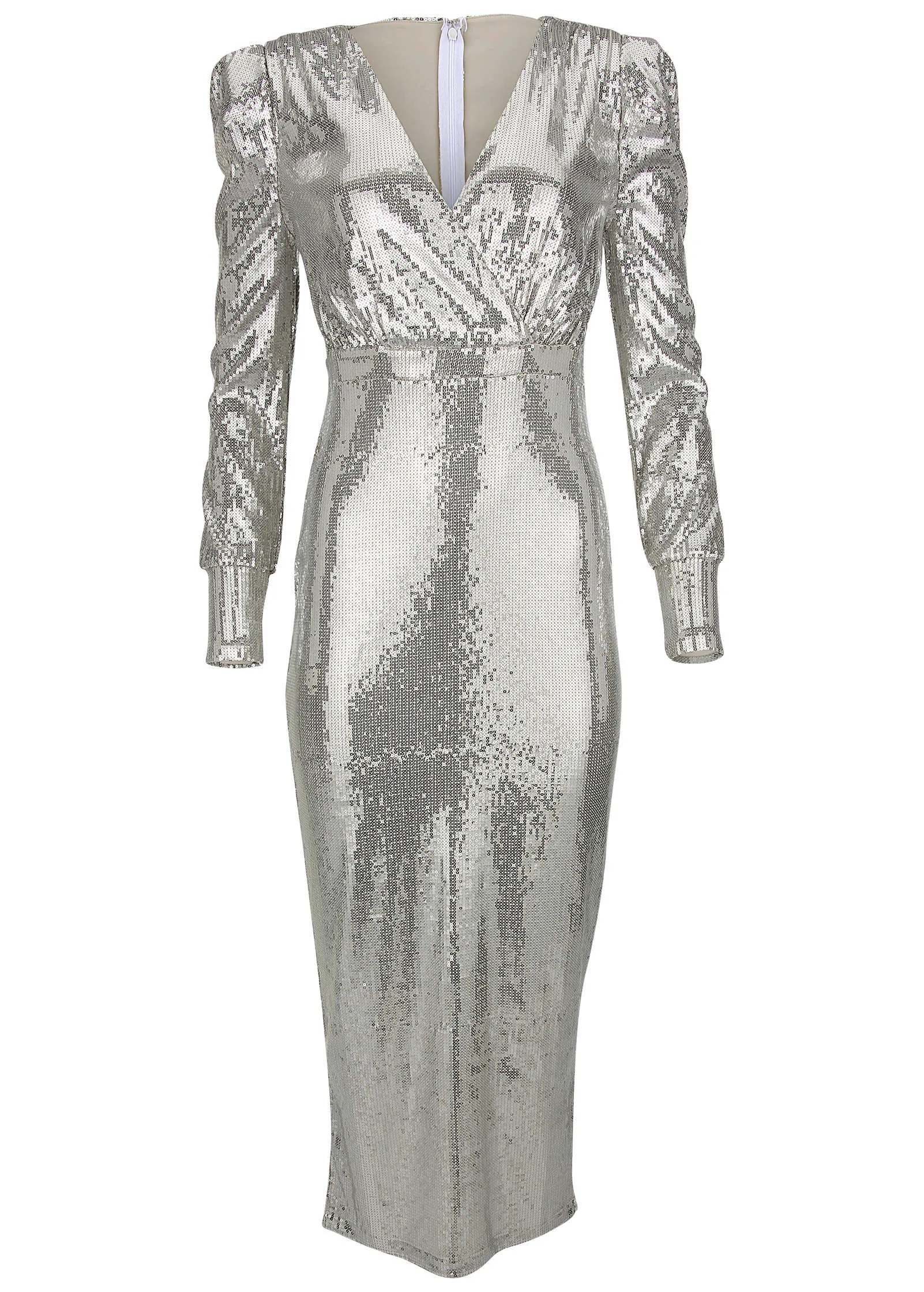 V-Neck Sequin Maxi Dress - Silver