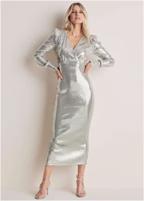 V-Neck Sequin Maxi Dress - Silver