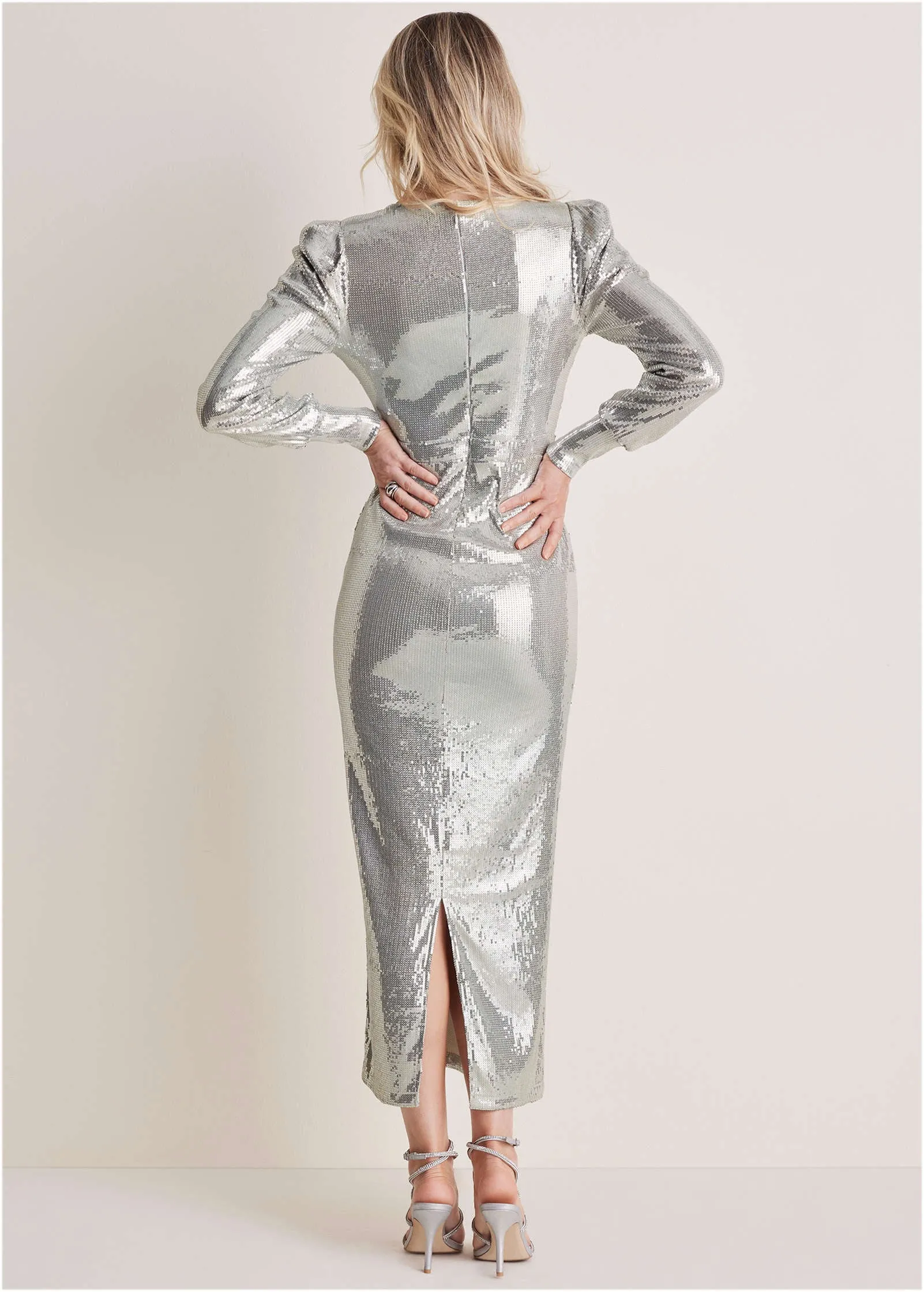 V-Neck Sequin Maxi Dress - Silver