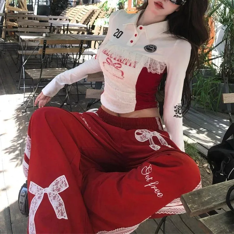 Vevesc American Fashion Popular Loose Pants Y2k Aesthetic Autumn Baggy Wide Leg Trousers Streetwear Sweet Punk Bow Print Bottom