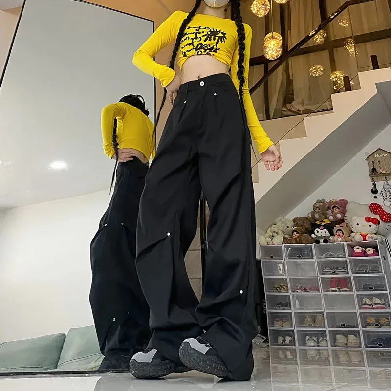 Vevesc Fashion High Waist Baggy Wide Leg Trousers American Y2k Aesthetic Casual Cargo Pants Harajuku Punk Rivet Nail Design Girl Bottom