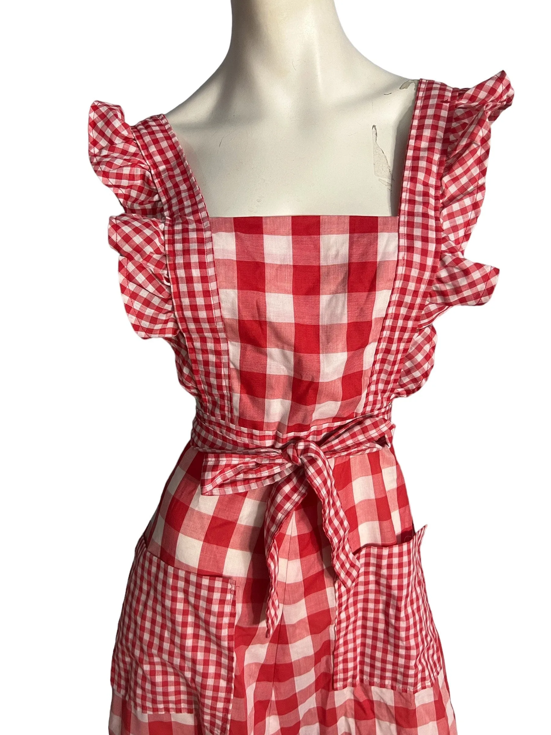 Vintage 70's red check pinafore wrap dress S XS