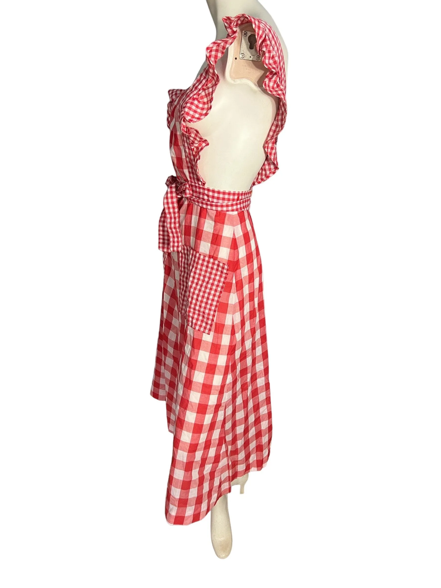 Vintage 70's red check pinafore wrap dress S XS