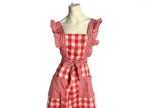 Vintage 70's red check pinafore wrap dress S XS